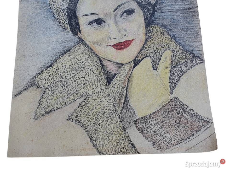 Stary obraz rysunek portret na arkuszu lata 5060 Cieszyn
