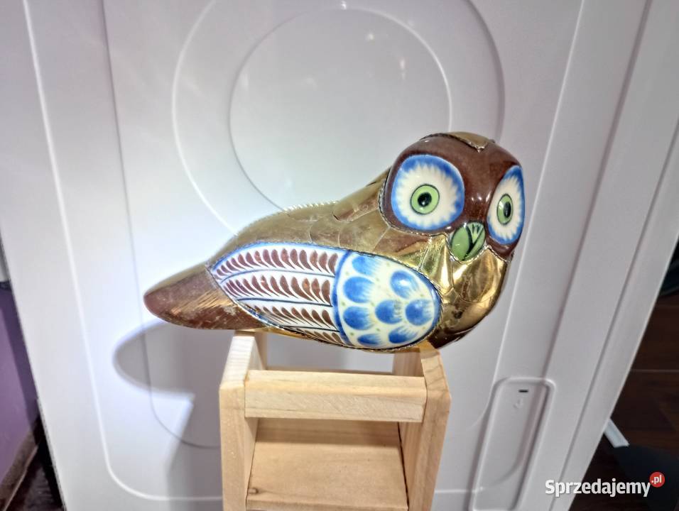 Sowa ceramika z mosiądzem lubelskie Biłgoraj