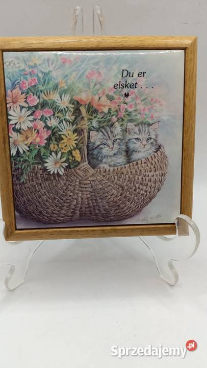 Płytka oprawiona w drewnie dwa koty lubelskie Zamość