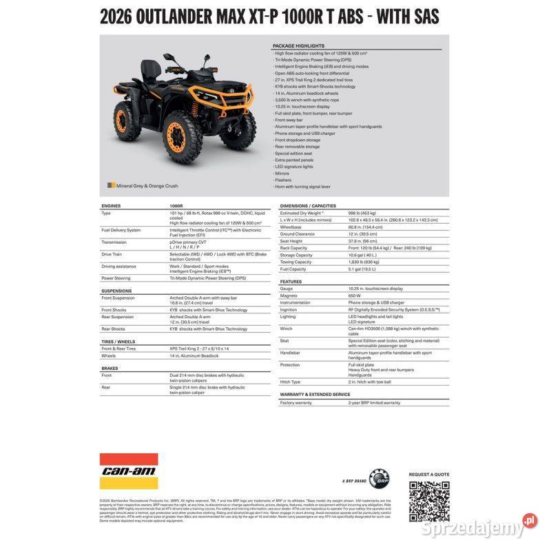 CanAm Outlander XTP 1000R T ABS SAS 2026 4VT szary małopolskie