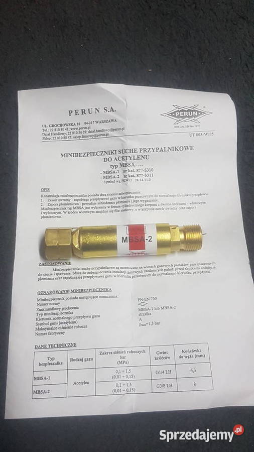 Bezpieczniki przypalnikowe tlen acetylen PERUN Ostrowiec Świętokrzyski sprzedam