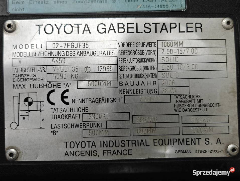 Wózek widłowy Toyota 7FGJF35 35T Lpg 4 Sekcje
