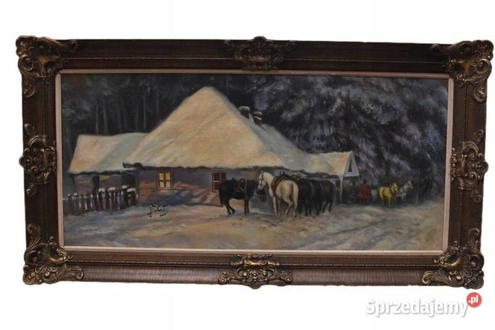 J Fałat Zimowy Pejzaż Konie Przed Gospodą Stary małopolskie Kraków