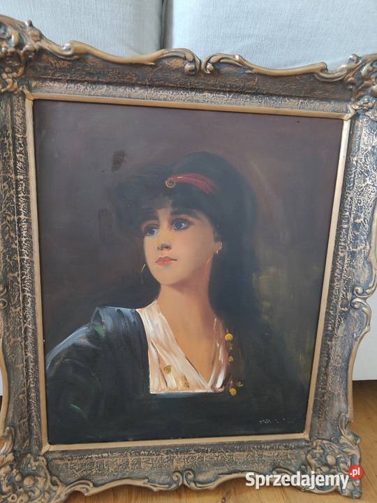 Piękny obraz olejny portret kobiety sygnowany Łódź