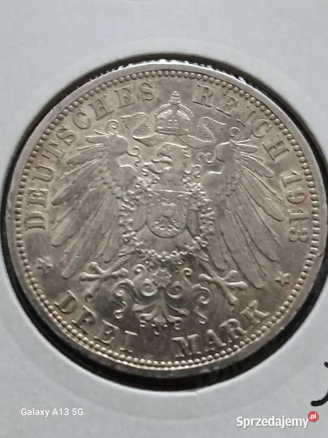 3 Marki Prusy Wilhelm II 1913 r Śliczne Konin