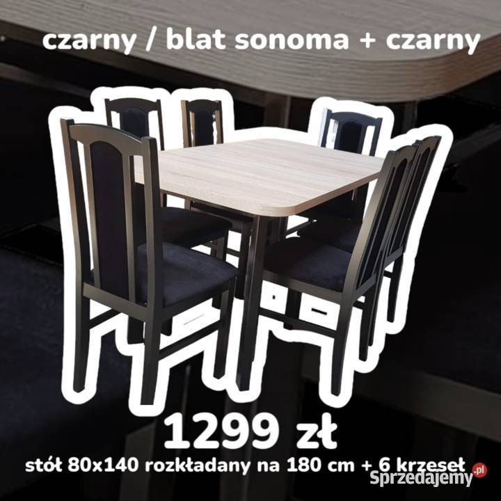 Nowe: Stół 80x140/180 + 6 krzeseł, czarny/sonoma + czarny