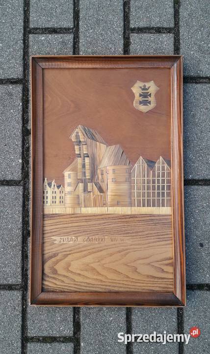 Stary obraz słomkowy Żuraw Gdańsk Marynistyka