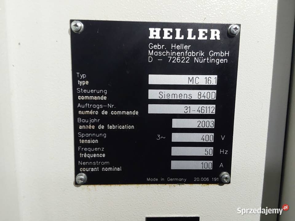 Centrum obróbcze HELLER MC 161 2003 Strzelce Krajeńskie sprzedam