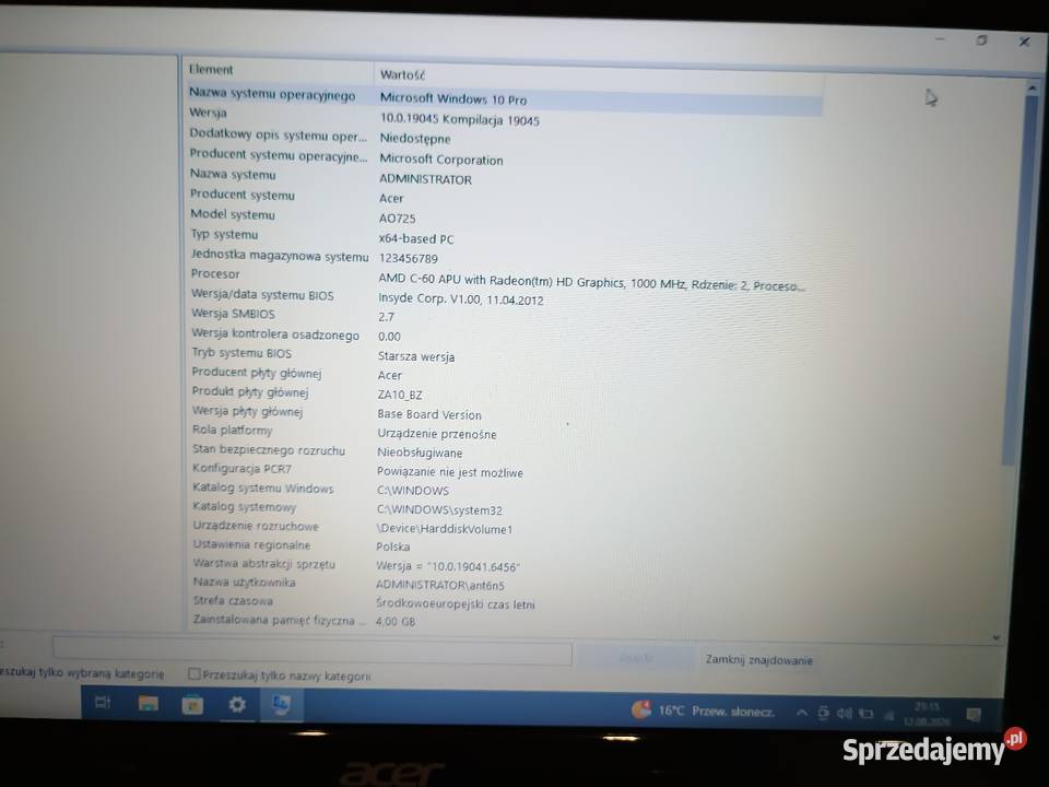 Laptop Acer Aspire one 250 Wągrowiec