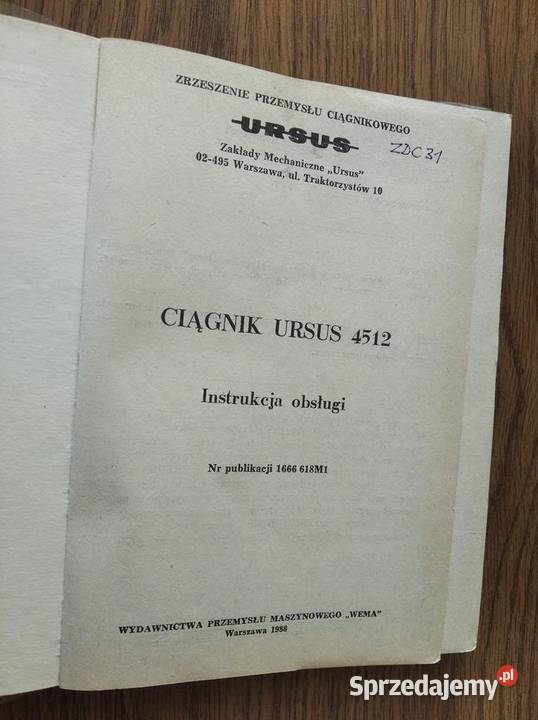 Instrukcja obsługi Ursus 4512 oryginał 1988 Lublin