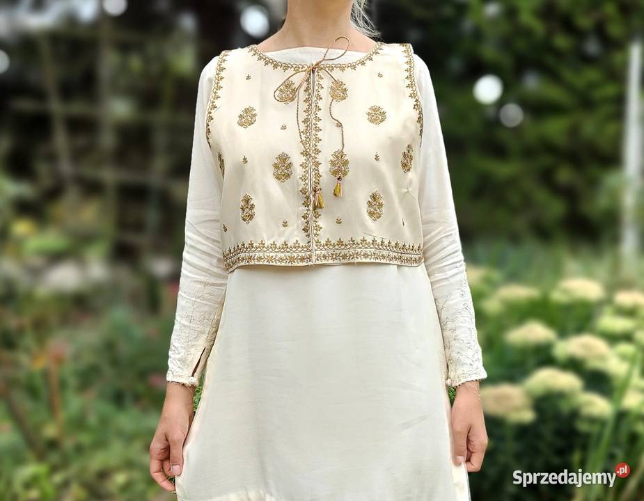 Biała kermowa kamizelka XL 44 złoty haft boho Szczecin