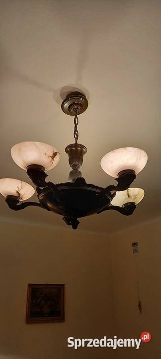 Pięcioramienny mosiężny żyrandol klosze Skierniewice sprzedam