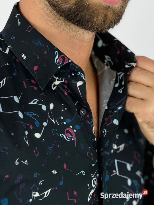 GIOVANNI PERA Koszula męska K016 czarna muzyczna wielkopolskie