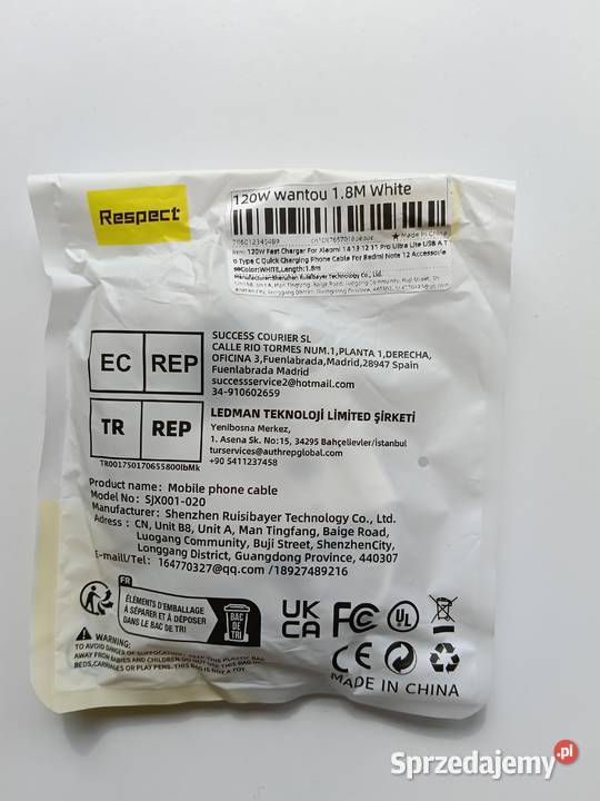 Kabel USBA USBC 120W 18 m biały nowy Białystok sprzedam