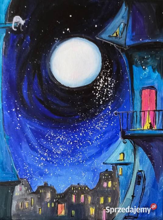 Niebieska noc obraz akrylowy noc miasteczko koty Katowice