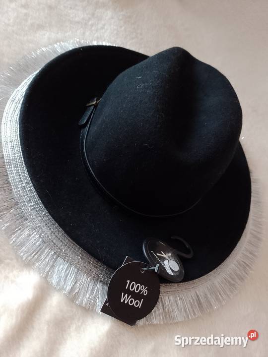 Wełniany Czarny kapelusz z Londynu 100 WełnaNOWY Kraków