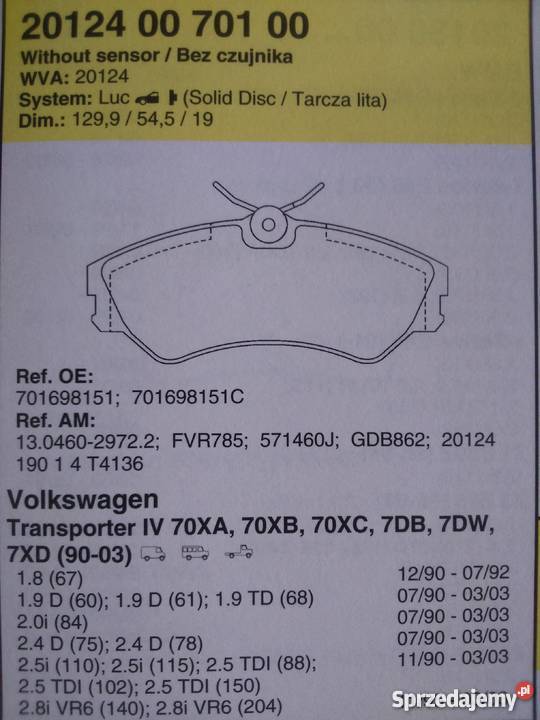 Klocki hamulcowe VW TRANSPORTER Układ hamulcowy mazowieckie Ciechanów sprzedam