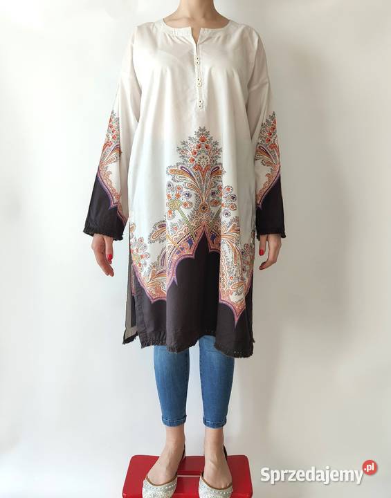 Bawełniana tunika 40 L 42 XL biała czarna wzór Bluzki i koszule