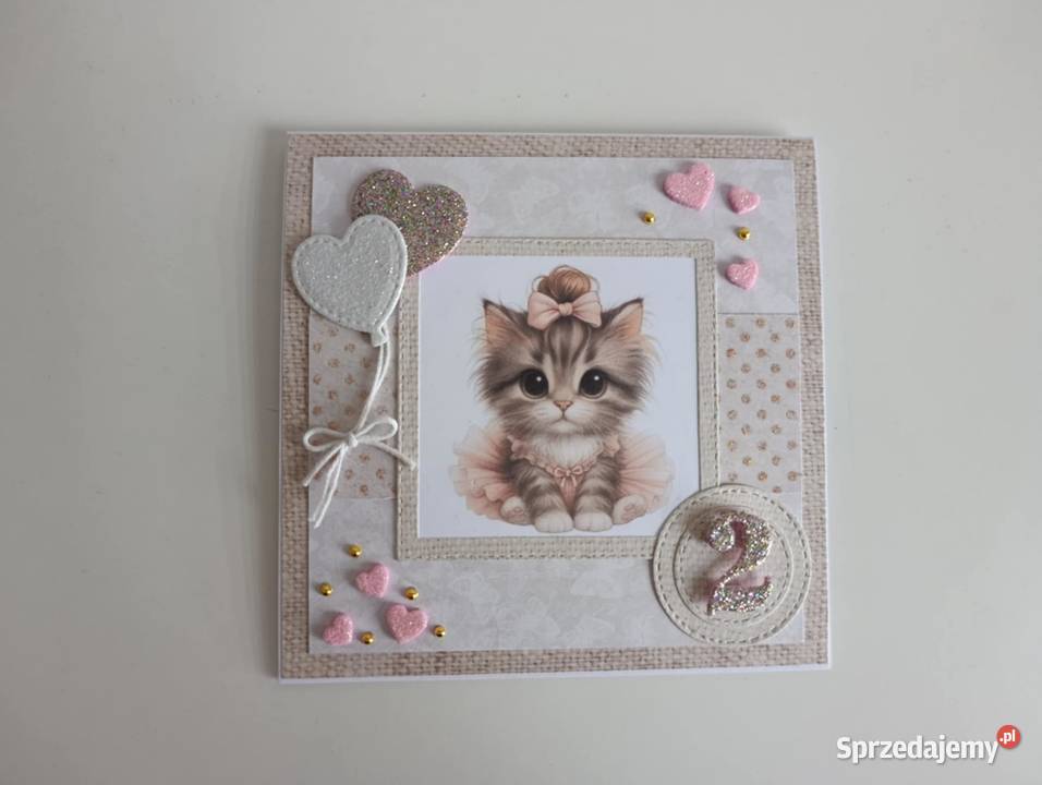 Kartka ręcznie robiona na urodziny z kotkiem Łódź