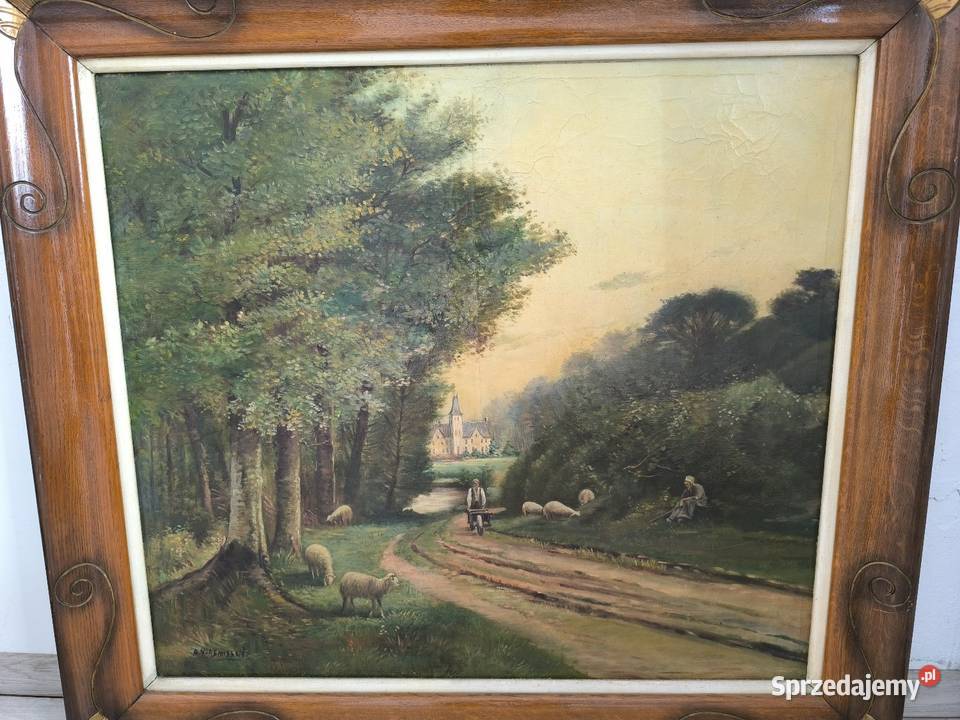 Piękny obraz olejny scena rodzajowa sygnowany Łódź