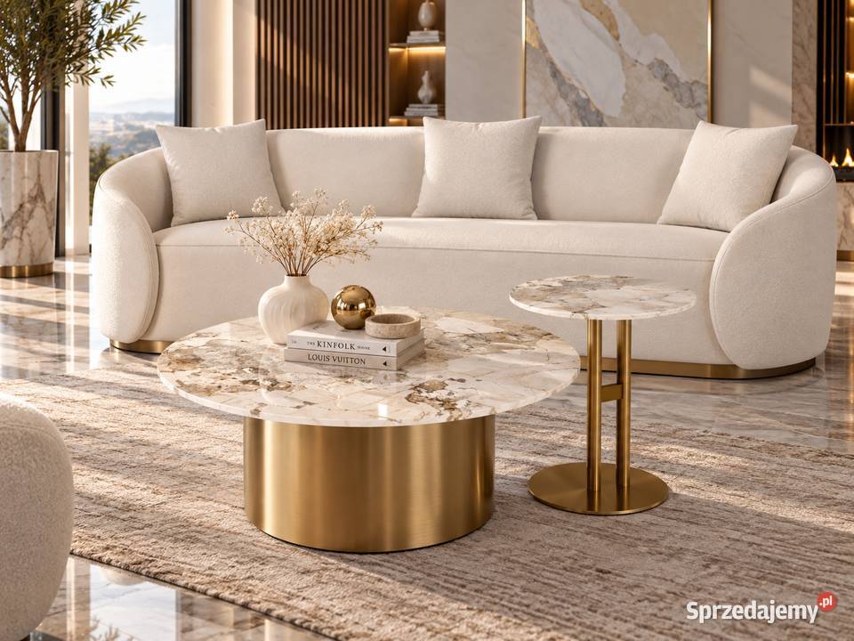 Sofa glamour welurowa biała 220 ze złotą Sofy i kanapy Golkowice