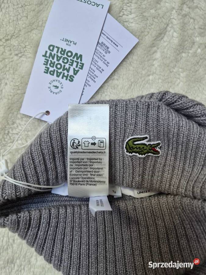 Nowa szara czapka wełniana Lacoste unisex z Moda i Styl Bibice