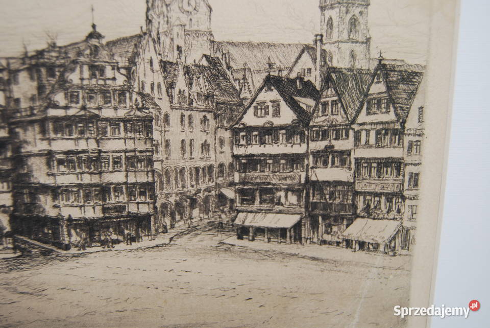 Stuttgart Stary rynek piękna akwaforta Poznań