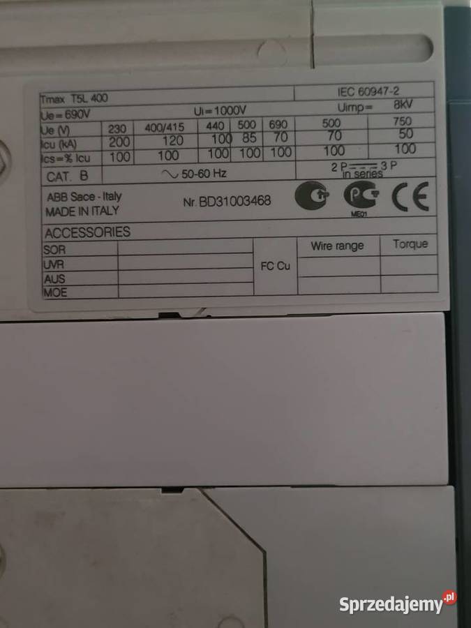 ABB Wyłącznik kompaktowy SACE Tmax T5 L 400 pomorskie Orle sprzedam