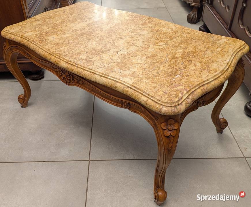 Piękny orzechowy stolik ludwikowski z marmurem śląskie Dąbrowa Górnicza