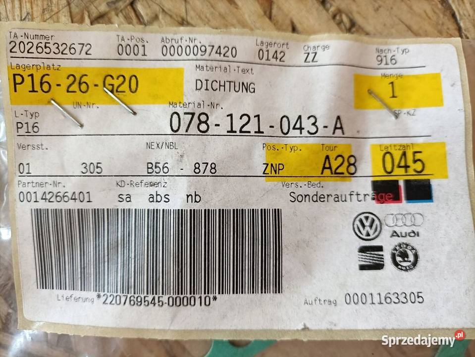 AUDI A4 B7 USZCZELKA POMPY WODY 078121043A osobowe wielkopolskie Pleszew