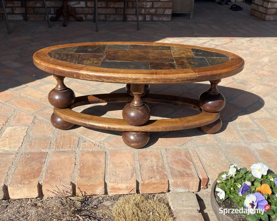 Ława Stolik vintage lity dąb blat kamień 41cm Poznań