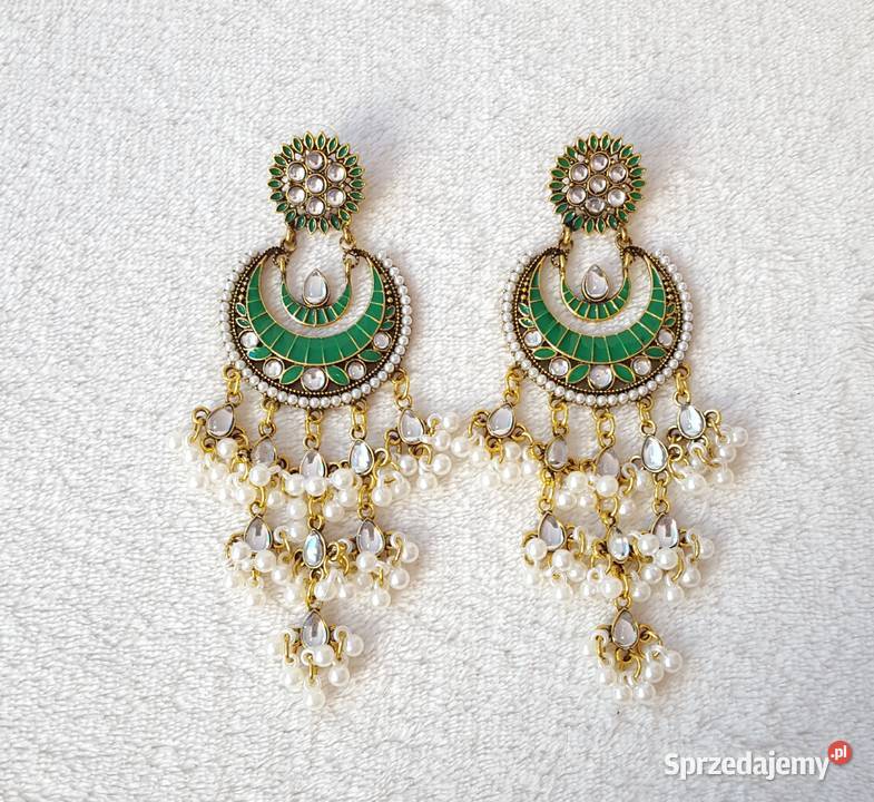 Długie kolczyki zielony złoty kolor indyjskie zachodniopomorskie