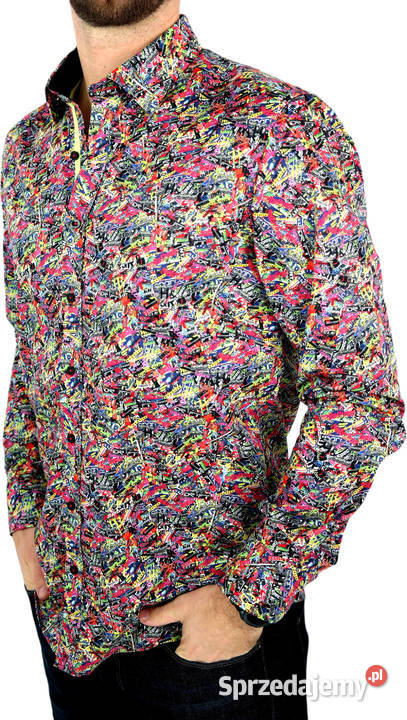 DANIEL BESSI Koszula Męska Fb064 Kolorowa Napisy wielkopolskie