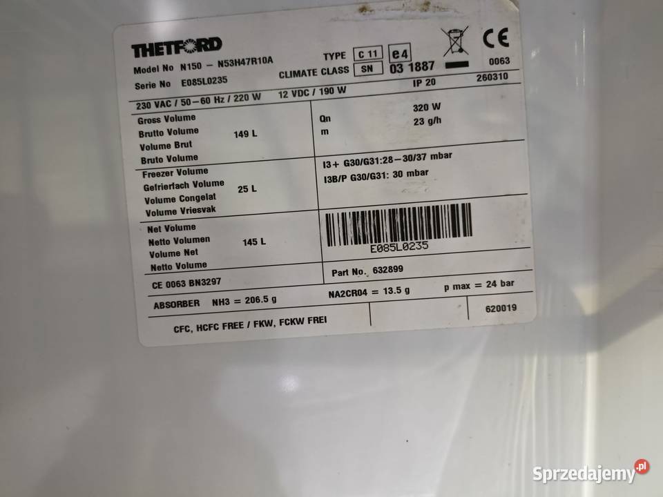Lodówka Thetford N150 12V230VGaz do kampera podlaskie Kolno sprzedam