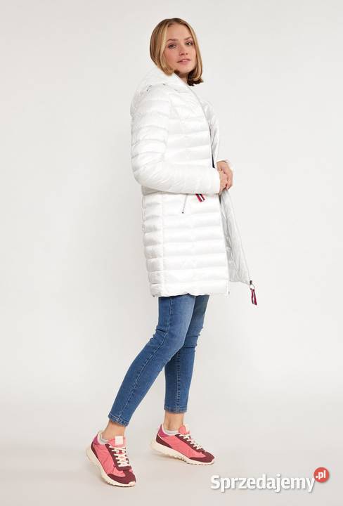 EKSKLUZYWNY płaszcz pikowany damski biały ozdoby Kaptur Łapy