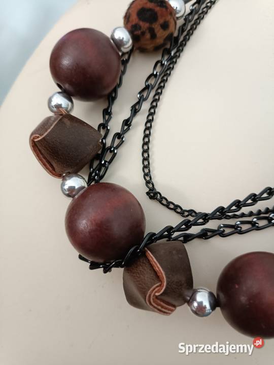 Brązowy naszyjnik drewno i skóra