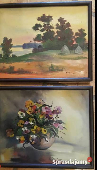 OBRAZ z pejzażem w ramie z autografem płótno lubelskie