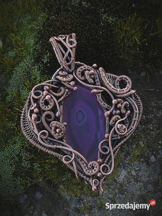 Wisior różowy agat miedź wire wrapping Kraków sprzedam