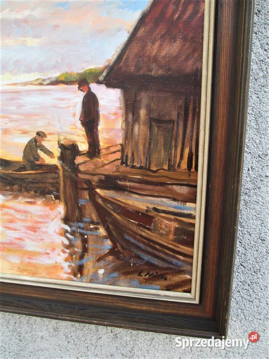 Obraz olejny Przystań Szwecja lata 70 lubelskie Lublin