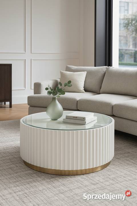 Stolik kawowy ryflowany biały okrągły złoty z Stoliki kawowe i ławy małopolskie