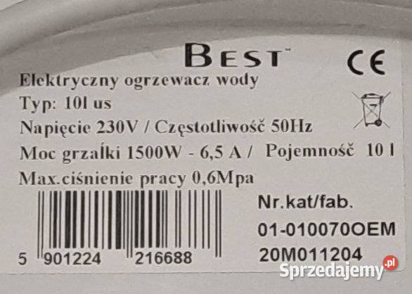 Ogrzewacz wody stan 10L 1500W pod umywalkę Łódź