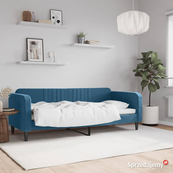 Sofa z funkcją spania niebieska obita aksamitem 90cm
