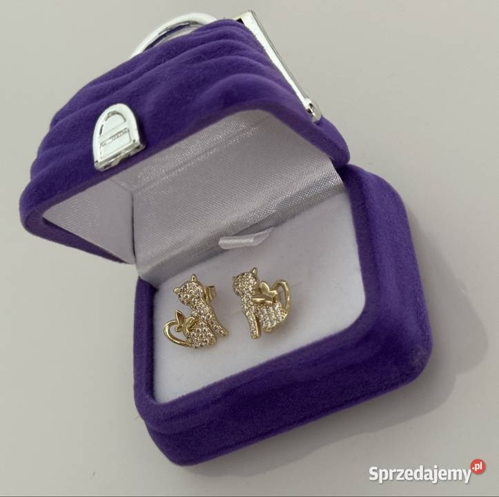 Złote kolczyki kotki z kokardką błyszczące Pruszków sprzedam