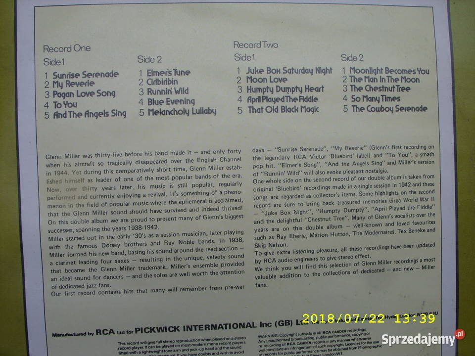 winyl lp JAZZ GLEN MILLERCOLLECTION 2 LP CAMDEN dolnośląskie Wołów