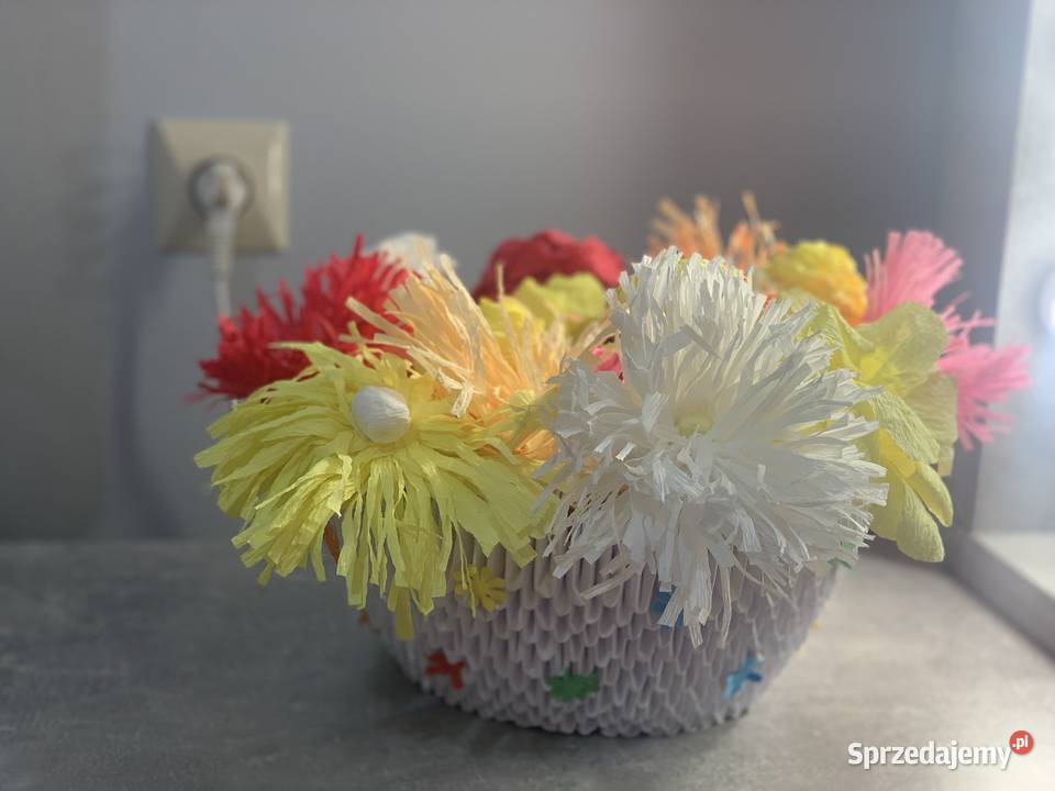 Bukiet kwiatów sztucznych z bibuły wazon origami wielokolorowy Jasło