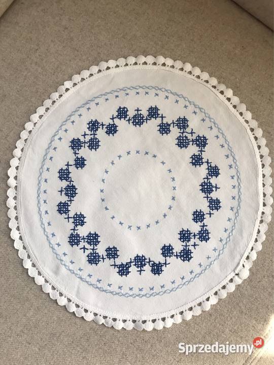 Okrągła haftowana ręcznie serwetka niebieska Warszawa sprzedam