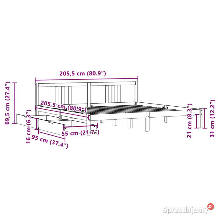 Łóżko bez materaca białe lite drewno sosnowe 205cm