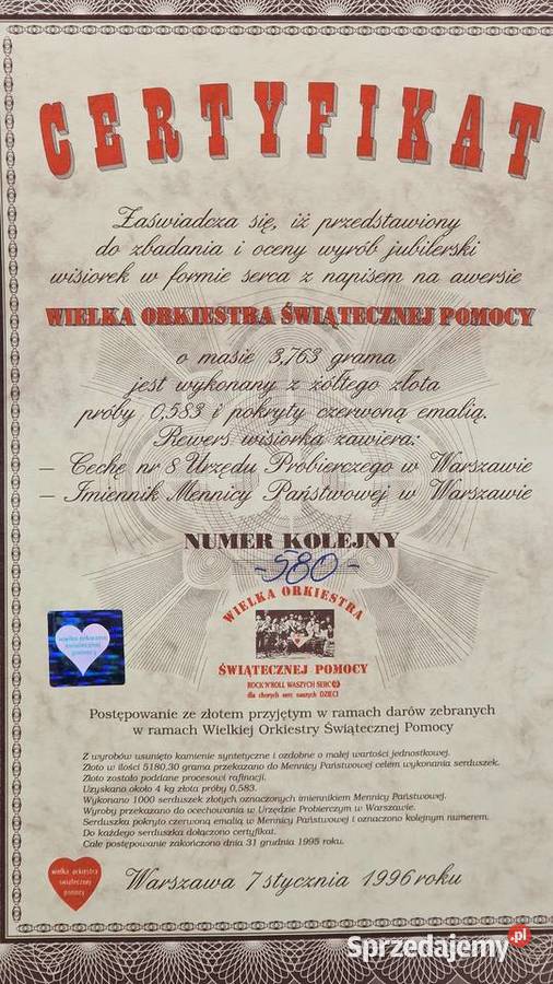 Złote Serduszko WOŚP z 1995 roku 580 Unikat Pruszków