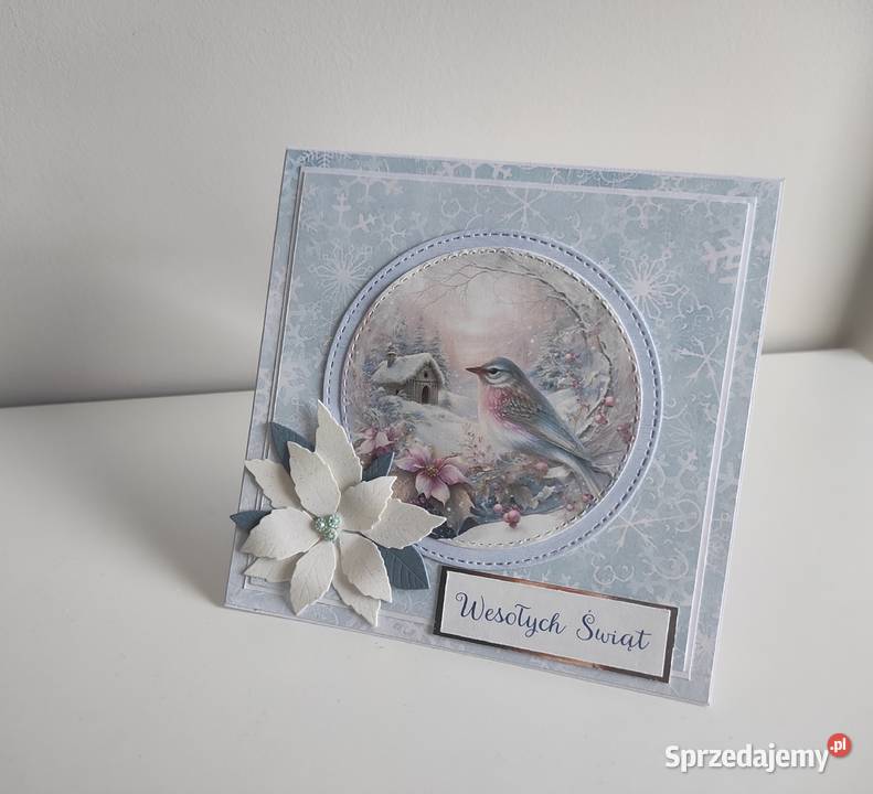 Kartka ręcznie robiona Boże Narodzenie ptaszek Łódź
