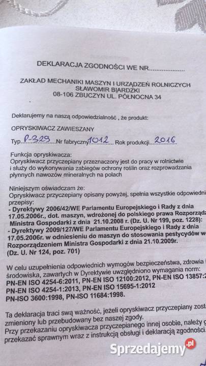 Opryskiwacz polowy zawieszany Biardzki 300l Rekle